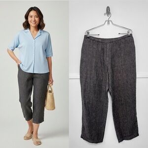 J. Jill 100% Linen Button Hem Wide Leg Crop Pants in Black Flax NWT